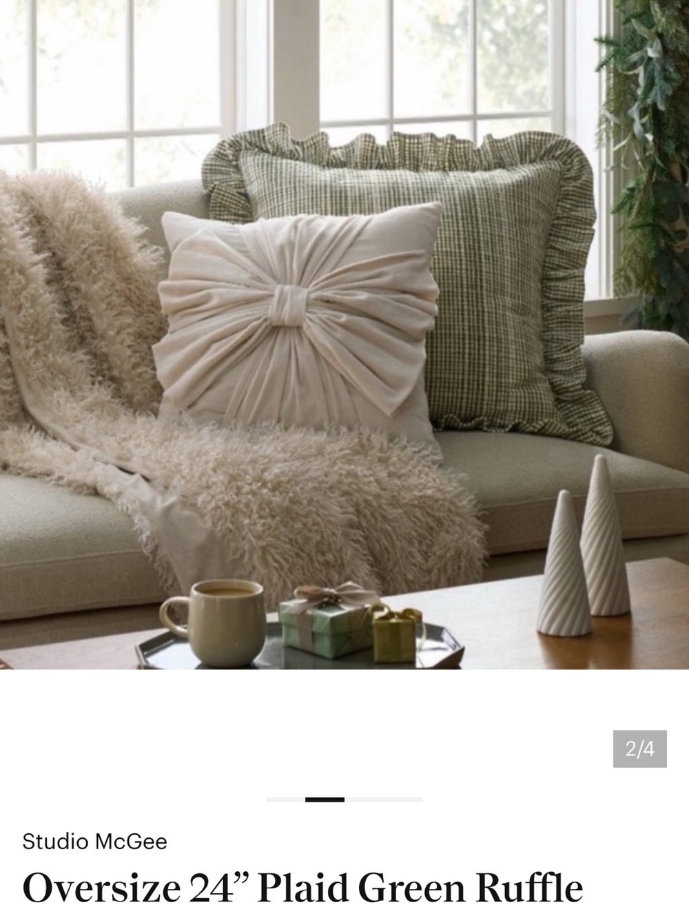 SET OF TWO studio McGee Cream Knotted Throw Pillow with Green Plaid Accent
